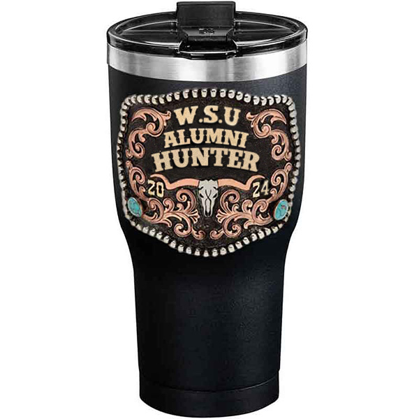 A customized tumbler made of stainless steel with a personalized engraved initials and Alumni Hunter lettering, 30 oz, ideal for coffee or cool drinks